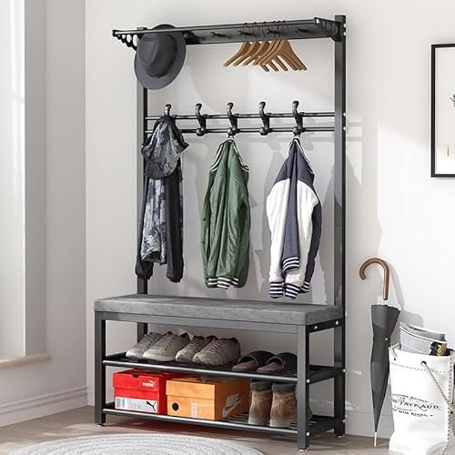 angroups Kleiderständer mit Haken,Robustes Metall Kleiderständer, Garderobenständer mit Sitzbank und 9 abnehmbaren Haken, Multifunktionale Schlafzimmer Gaderobe mit Schuhablage (Black, 100X33X172CM)