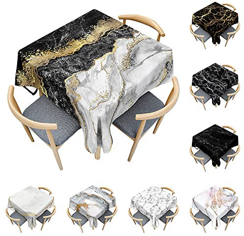 Odot Tischdecke Quadratisch Wasserdicht Polyester, Pflegeleicht Fleckschutz Abwaschbar 3D-Schwarz-Weiß-Marmor Rechteckig Tischdecke für Home Küche Couchtisch Dekoration (Goldstaub,90x90cm)