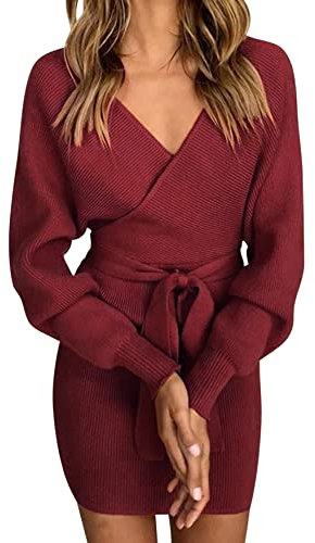 Vancavoo Women's Knit Dress Elegant Sweater Dress V-Neck Jumper Dress Bat Long Sleeve Hip Skirt Ladies Knitted Backless Pullover Dress with Belt Slim Fit Knitwear for Autumn Winter(Wine red,S)