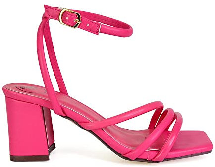 Womens Strappy Sandals Ladies Low Mid Block Heel Ankle Strap Square Toe Shoes Size 3-8 Hot Pink