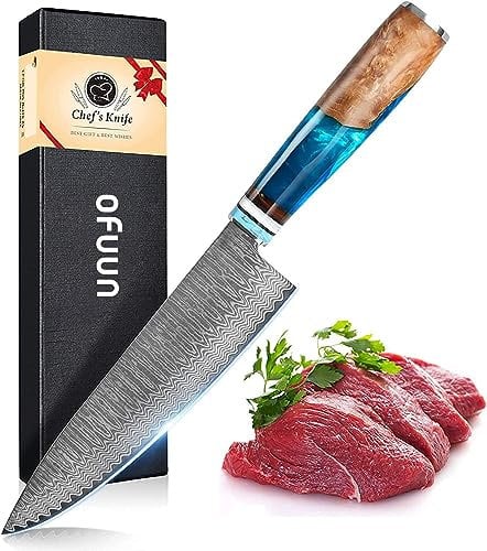 oFuun Couteau de Chef Damas, Couteaux Japonais Professionnelle en Acier Damas 67 Couches, Lame de 20cm Ergonomique Résine Bleue Handle avec Boîte Cadeau