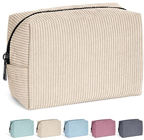 MAANGE Cosmetic Bags for Women Small Makeup Bag for Purse Corduroy Makeup Pouch Travel Makeup Bag with Metal Zipper Make Up Bag for Travelling(Beige)