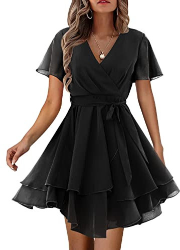 Beluring Kleider Damen Wickel Stufenkleid Rüschen Kurzarm Partykleid Plissee Einfarbig Kleid mit Gürtel Schwarz L