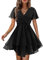 Beluring Kleider Damen Wickel Stufenkleid Rüschen Kurzarm Partykleid Plissee Einfarbig Kleid mit Gürtel Schwarz L