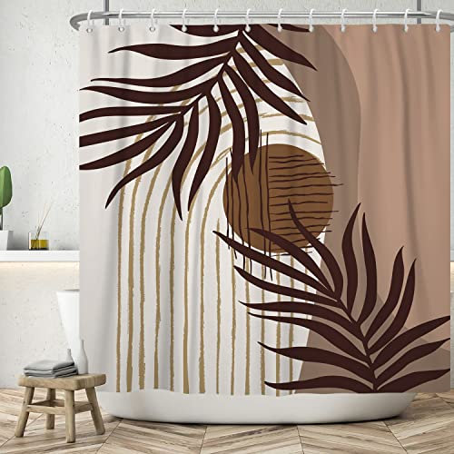 Ttincceer 152x183cm Cortina de Ducha de Plantas abstractas con Gancho, Acuarela marrón Hoja de Palma Abstracta Sol Cortina de baño Moderna de Mediados de Siglo Cortinas de Ducha Cortina de bañera