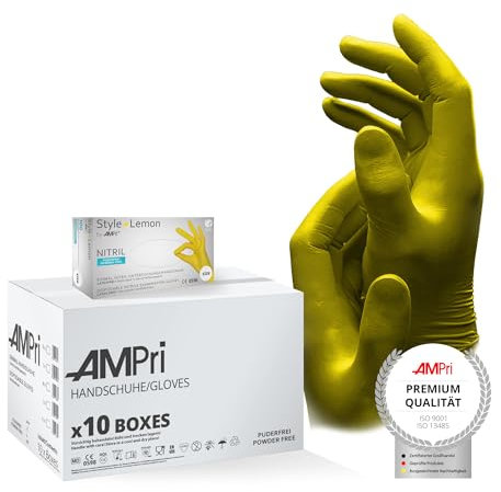 AMPri Nitrilhandschuhe, gelb, 10 Box a 100 Stk, Größe M, puderfrei, Style Lemon by Med-Comfort: Nitril Einmalhandschuhe, Einweghandschuhe in den Größen XS, S, M, L, XL