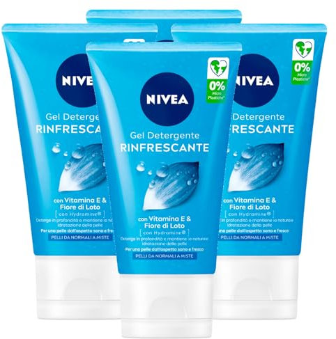 Nivea Erfrischendes Gesichtsreiniger-Gel, sanfte Formel mit Hydra IQ und Vitamin E-Technologie zur Regenerierung, regenerierend, für normale bis gemischte Haut, 4 Flaschen à 150 ml