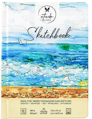 Mixed Media Skizzenbuch, Hardcover, 60 Seiten, dick, 400 g/m², säurefreies Papier, flach gebunden, zum Zeichnen, Malen, 15,6 x 21 cm, für Kinder und Erwachsene, Anfänger und Profis, umweltfreundlich