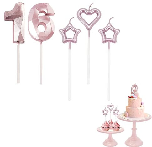 16th Birthday Candles Rose Gold Number 16 Candles for Birthday Cake with Heart-Shaped Candles, Rose Gold 16 Candles for Cake Birthday Cake Topper Decorations for Girls Birthday Party