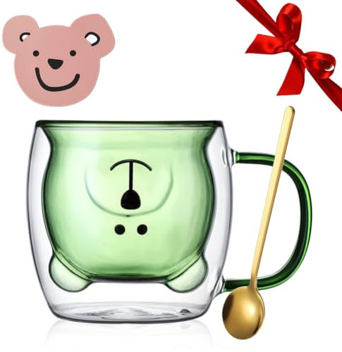 Yuragim Süße Tassen Bär Kaffeetasse Becher Doppelwandige Isolierte Espressotasse Kawaii Teegläser mit Henkel+Löffel+Untersetzer, Geschenk für Frauen Ideen Weihnachten Geburtstagsgeschenke (Grün)