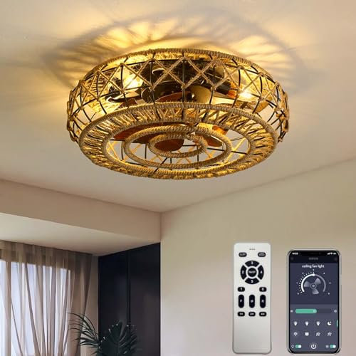 Lrenjon 50 cm Ventiladores de Techo con Luz Silencioso Vintage y Mando a Distancia, Ventilador Techo Motor Dc con Luz E27 Ratan, Reversible, Lámpara con Ventilador Techo para Dormitorio Salon