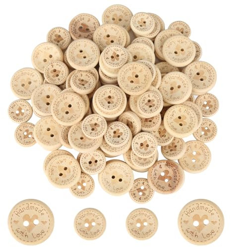 lahnao 100 Stück Holzknöpfe Handmade with Love, 15/20mm Runde Knöpfe Kinder, Holzknöpfe Natur, Handmade Knöpfe zum Nähen und Basteln