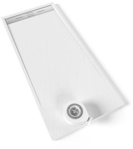 MOMENTS OF GLASS Plato de ducha Hiemal 180x80 cm Blanco RAL9016 - Antideslizante, Textura Pizarra, Resistente, Duradero, Fácil Limpiar - Incluye Sifón y Rejilla Inox