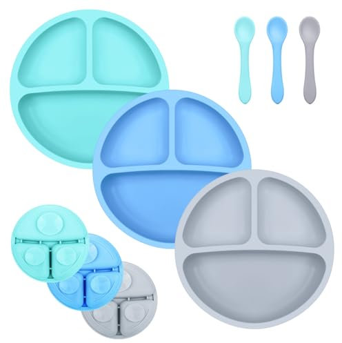 BEBOAN Baby Teller, 3 Pack Silikon Kinderteller mit Saugnapf, Geteilte Standfeste Babyteller mit Löffel, Tragbar BPA-Frei Rutschfest Silikon Kindergeschirr Set (Blau/Hellgrün/Grau)