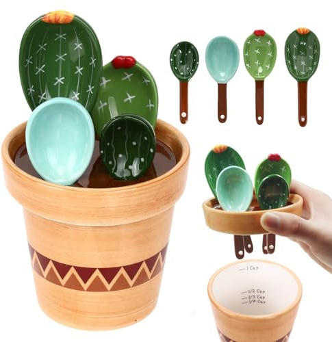 5 Pieces Measuring Spoons Set/Ceramics Spoons and Measuring Base Cup/for Dry and Liquid Ingredient, Cute Cactus Shape (Wave base)