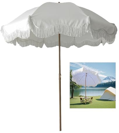 200 cm Terrassenschirm Weißer Strandschirm Mit Fransen 45° Neigbar Sonnenschirm Für Die Außenterrasse Für Strand Pool Hinterhof Lawn Balcony Party