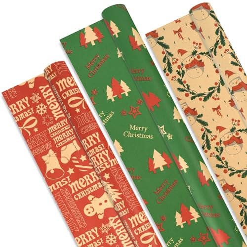 AhfuLife Papier Cadeau Noël Gros Rouleau 60CM×6.5M, 3 Rouleau Grande Longueur Papier Kraft Noël avec Jolis Motifs de Joyeux Noël - Bonhomme de Neige - Arbre de Noël Pour Emballage Géant Cadeau Noël