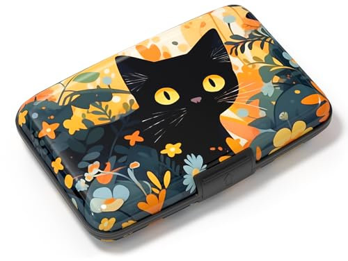 Atufsuat Kreditkartenetui, Mini-Aluminium-Kartenetui, RFID-blockierend, schmal, Metall, Hartschalenetui für Damen und Herren, Süße Katze in Blume