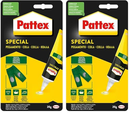 Pattex Special Pegamento Textil, pegamento fuerte resistente al lavado y al planchado, pegamento para tela y tejidos como el cuero o el tejano, secado rápido, transparente, 20 g. (Paquete de 2)