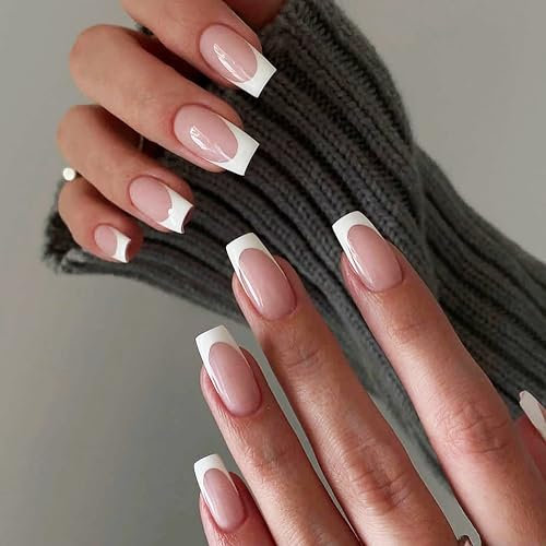 Press on Nails kurz - 24 Stück Weiße Französische Nägel Fake Nails Full Cover mit Nagelkleber, Quadratische Nägel zum Aufkleben Acryl Künstliche Fingernägel für Nail Art (White French B, 24x)