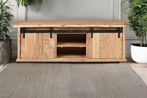 SAM TV-Board Lian V | Akazienholz | Farbe: Natur | 145x45x50 cm | 6 Fächer | 2 Schiebetüren mit Baumkante | Lowboard/TV-Schrank mit gusseisernen Elementen