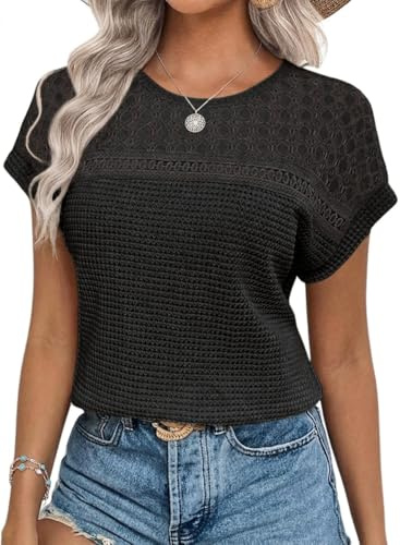 Chicrise Womens Summer Tops Lace Short Sleeve T Shirts Round Neck Casual Blouse Loose Fit Black Small 8-10 S