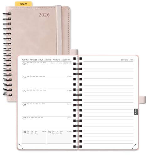 POPRUN Taschenkalender 2026 Klein Ringbuch mit Softcover, ca. A6 (16 x 10,5 cm) - Kalender 2026 Buchkalender Notizbuch (Jan.2026-Dez.2026) mit 100 GSM Papier - Zartrosa