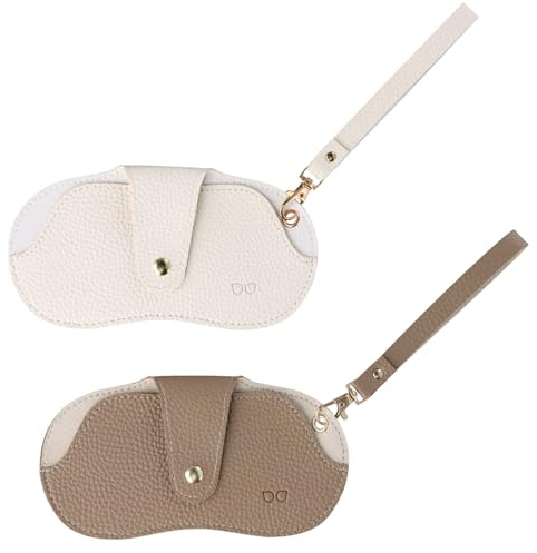 DecorDwell Sac à Lunettes de Soleil en Cuir Souple, 2 Pièces Pochette Lunettes Soleil Portable, Sac à Lunette Cuir Souple avec Cordon de Serrage, Blanc et Marron