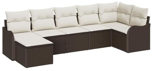vidaXL Garten-Sofa-Set mit Kissen 7 pcs Braun Poly Rattan, Garten und Terrasse, modernes Outdoor-Sofa-Set, höhenverstellbare Füße, modulare Lounge-Möbel