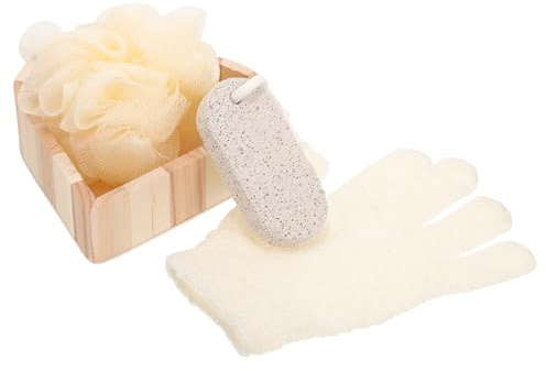 AUTSUPPL Herzförmiges Bade Peeling Satz mit Holzablage Schwamm und Bimsstein Fördert die Durchblutung Einfach zu Halten Badezubehör für Entspannende Wellness Momente