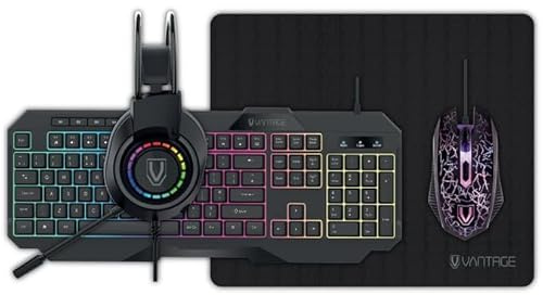 Vantage 4 in 1 Gaming Bundle – RGB Keyboard, Mouse & Headset Set with Mouse Mat – PC Gamer Accessories Kit for Desktop, Laptop, Console – LED Gaming Peripherals Pack