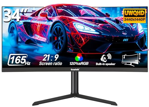 Gawfolk 34 Zoll Curved Gaming Monitor 165Hz PC Bildschirm mit Lautsprecher | 3800R WQHD 3440x1440 Gebogenes Ultrawide Computerbildschirm mit Höhenverstellbarer und PIP/PBP, DP, HDMI, VESA 100*100MM
