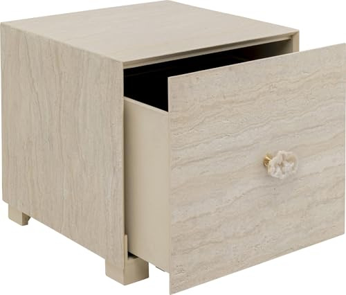 Kare Design Beistelltisch Travertino, Beige, 45x45x45 cm, Couchtisch, Nachttisch, Ablagetisch, Sofatisch, mit Schublade, Steinoptik, Wohnzimmer