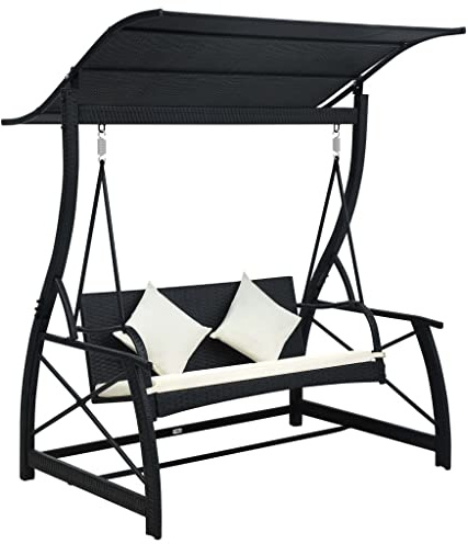 Hollywoodschaukel 3-Sitzer mit Dach Poly Rattan Schwarz, wetterfest, mit Polster und Kissen, verstellbar, Outdoor Gartenschaukel für Terrasse und Veranda