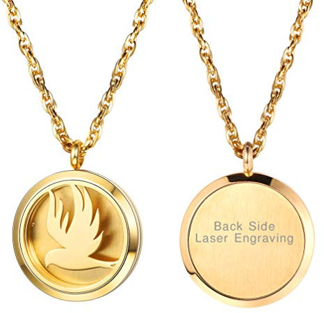 PROSTEEL Ätherische Öle Diffusor Anhänger Halskette vergoldet Runde Medaillon mit hohlen Taube Vogel Name Gravur Floating Locket mit 8 Nachfüllpads 60cm Kette Damen Herren Aromatherapie Zubehör(Gold)