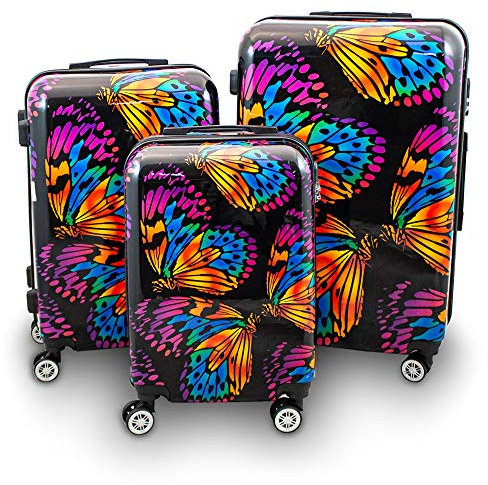 Berwin® Design Koffer Reisekoffer Trolley Hartschalenkoffer Polycarbonat mit 4 Rollen als Set (Butterfly Schwarz, 3er Set (M/L/XL))