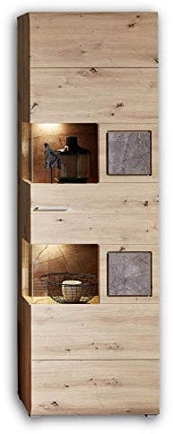 Stella Trading SPIDER PLUS Vitrine in Artisan-Eiche Optik, Caspio - Moderne Glasvitrine inkl. LED-Beleuchtung, 65 x 205 x 37 cm (B/H/T)