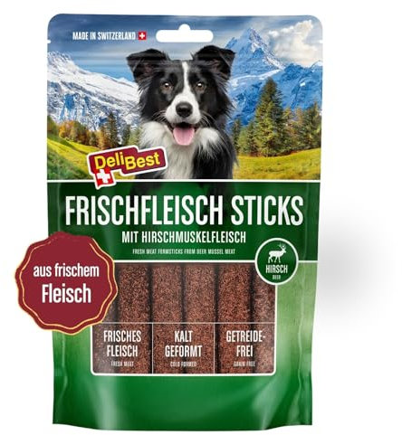 DeliBest Premium Hirschfleisch Sticks I natürlicher Hunde Snack leicht verdaulich I kalt geformt - sehr schmackhafte Hunde Leckerlies aus frischem Fleisch I 6 Stück