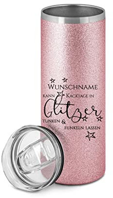 ORWONet ORWO – Glitzer-Thermobecher mit Namen bedrucken | Isolierbecher 580 ml | verschiedene Designs | 21 x Ø 7 cm | Heiß- & Kaltgetränke | Travel Mug (Rosa, Kacktage funkeln)
