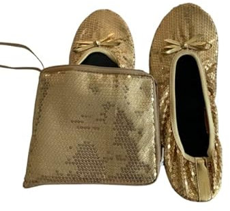 Juszt Active Foldable Ballet Pumps Shoes for Women with Matching Tote Carry Bag (Gold Sequin, UK_Footwear_Size_System, Adult, Women, Numeric, Medium, Numeric_3)