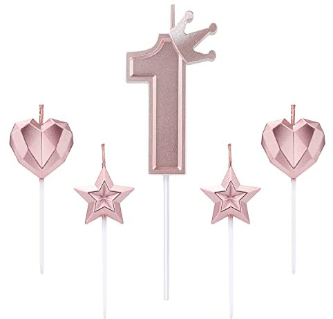 1 Set of 3inch Birthday Candles, Including 1 Crown Cake Main Numeral Candles, 2 Star Candles and 2 Heart Candles for Birthday Anniversary Parties (Rose Gold, 1)