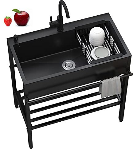 Edelstahl Waschbecken Küche Schwarz,Spülbecken 1 Becken,Ausgussbecken Spültisch,Spülbecken Mobiles Kitchen Sink mit Warmwasser,Abfluss Sieb,für Outdoor Camping Küche Werkstatt,Einfache Installation (
