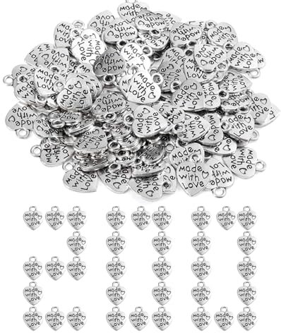 Guanici Mini Herz Anhänger - Made with Love, Handmade Metall Label Anhänger, Silbern Herz Charm für DIY Handwerk Schmuck