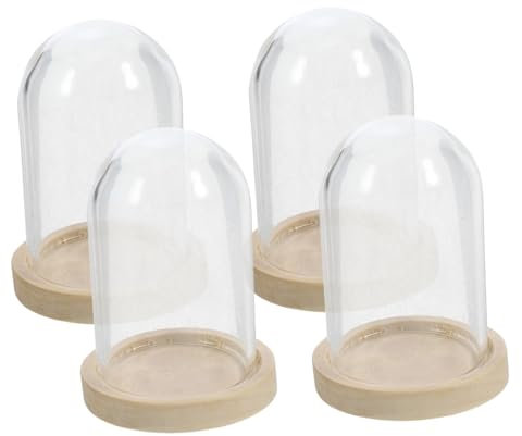 LIFKICH 4ensembles Cloche Verre Transparent avec Plateau Bois pour Fleurs Séchées De Cloches Miniatures pour Décoration De Microlandscape Et Maison De Poupées