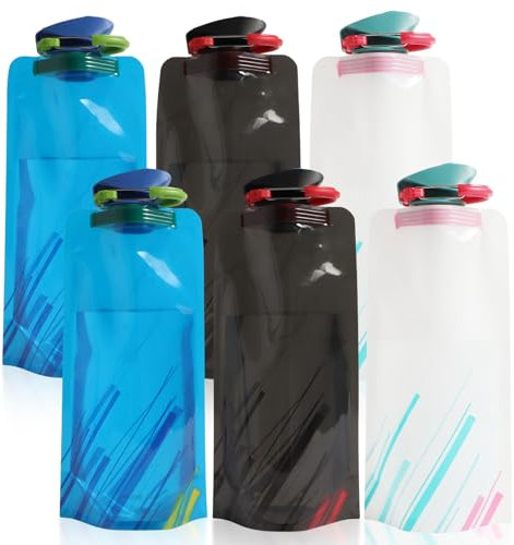 Chanurae 6stk Faltbare Wasserflaschen, 700mL Wiederverwendbare Trinkflasche mit Schraubverschluss, Zusammenklappbare Flexible Wasserflasche mit Schraubverschluss für Wandern, Abenteuer, Reisen