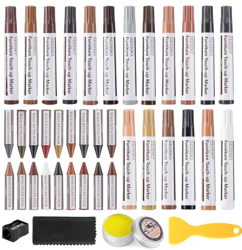 SEISSO 18 Colors Repair Pen +18 Colors Small Crayon + Wood Wax Oil Set Wood Furniture & Floor Repair Kit Repair Markers and Wax Sticks, Polish Wax Repair kit for Restoring Scratches, Stains, Cracks