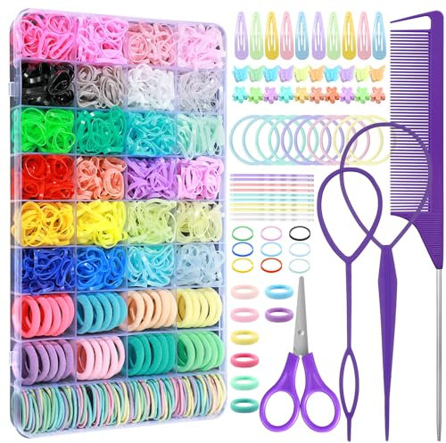 Auroray Hair Accessories for Girl, 1784 Pcs Elastic Hair Ties Set 24 Color Hair Rubber Bands with Organizer Box Cotton Baby Hair Ties Hair Styling Tool Set Baby Hair Clips Hair Elastic Cutter Scissor