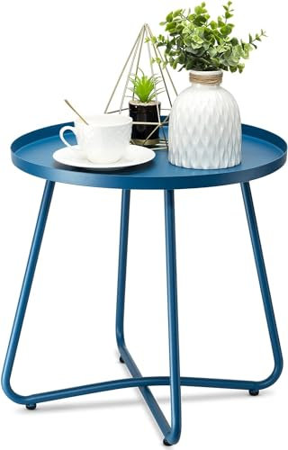 danpinera Outdoor-Beistelltisch, wetterbeständiger Stahl, Terrassen-Beistelltisch, Kleiner runder Seitentisch für den Außenbereich, Metall-Seitentischfür Hof, Balkon, Garten, Nachttisch (Blau)