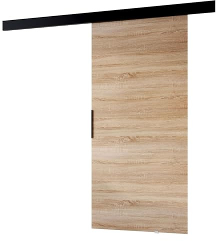 MINIO go for it - Schiebetür PRIM A, Zimmertür 96 cm, Schiebetürsystem, Lacobel, Wandmontage, schwarzer Griff, Farbe: Sonoma Eiche/Schwarz