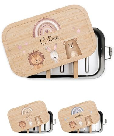 wunderwunsch® - Personalisierte Brotdose für Kinder - Robuste und Individuelle Edelstahl Brotdose mit Namen - Personalisierte Geschenke für Kinder (GROSS Edelstahl,Regenbogen rosa)